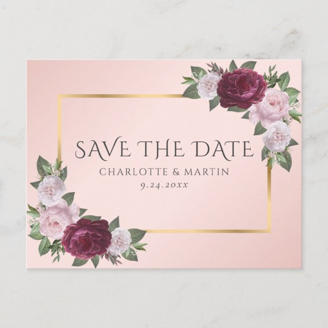 Burgund Gold Blush Pink Bläschen Save the Date Ankündigungspostkarte (Vorderseite)