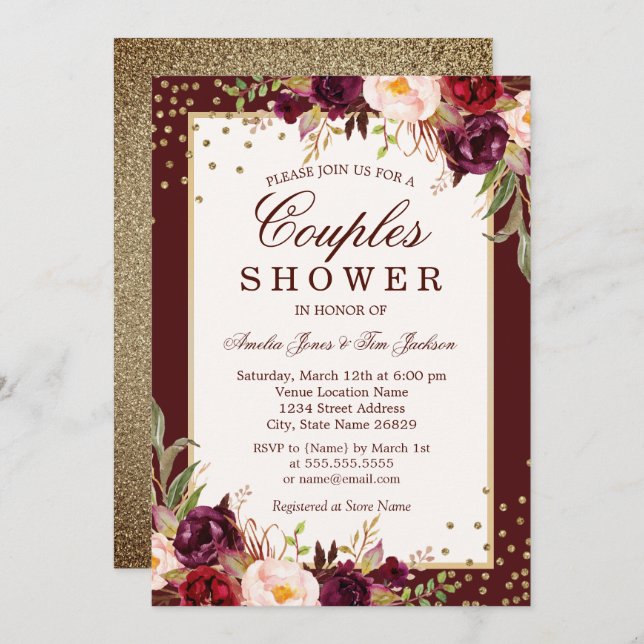 Burgund Gold Blütendusche Sparkle Couples Einladung (Vorne/Hinten)