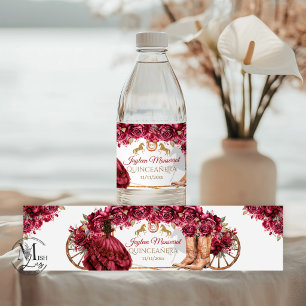 Burgund Gold Charra Pferd Quinceañera Wasserflaschenetikett
