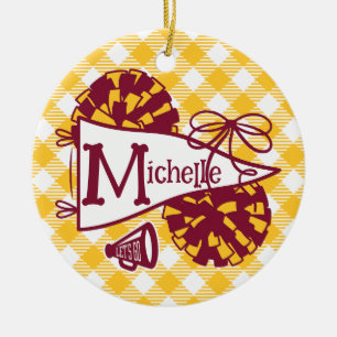 Burgund Gold Cheer Wimpel Gingham Personalisiert Keramik Ornament