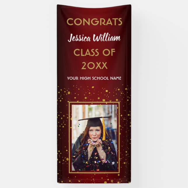 Burgund Gold Confetti 2020 Foto Graduation Party Banner (Vertikal)