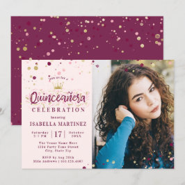 Burgund & Gold Confetti Quinceañera mit Bild Einladung