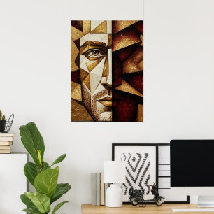 Burgund Gold Cubist Mann - Texturiertes Abstract Poster