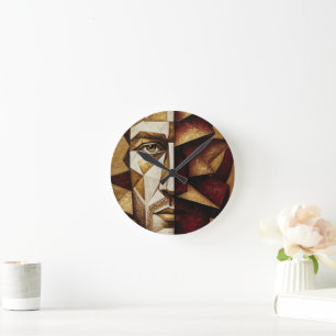 Burgund Gold Cubist Mann - Texturiertes Abstract Runde Wanduhr