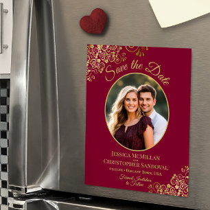 Burgund & Gold Fancy Hochzeit Termin Foto Magneteinladung