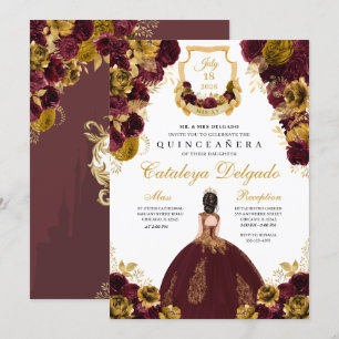 Burgund & Gold Flora Elegantes Quinceñera Einladung