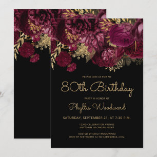 Burgund Gold Floral 80. Geburtstagsfeier Einladung