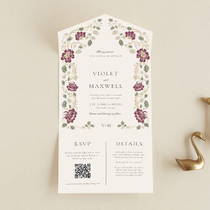 Burgund Gold Floral All-in-One-Hochzeits-Einladung All In One Einladung