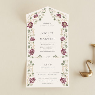 Burgund Gold Floral All-in-One Hochzeits-Einladung All In One Einladung