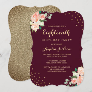 Burgund Gold Floral Confetti 18. Geburtstagsparty Einladung