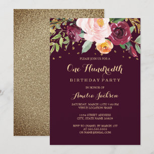 Burgund Gold Floral Glitzer 100. Geburtstagsparty Einladung
