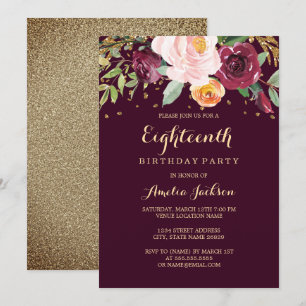 Burgund Gold Floral Glitzer 18. Geburtstagsparty Einladung