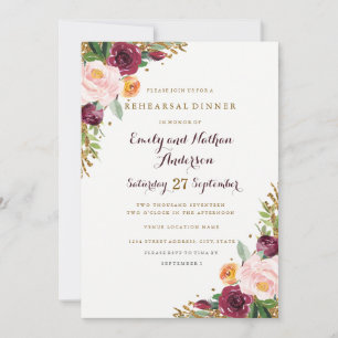 Burgund Gold Floral Glitzer Probe Dinner Card Einladung