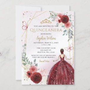 Burgund Gold Floral Prinzessin Quinceañera Einladung