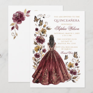 Burgund Gold Floral Prinzessin Quinceañera Einladung