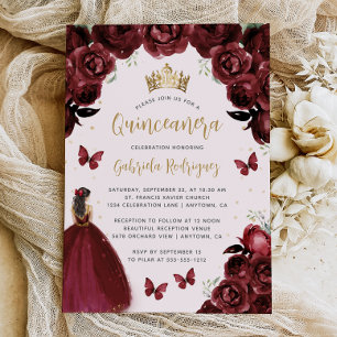 Burgund Gold Floral Prinzessin Quinceañera Einladung