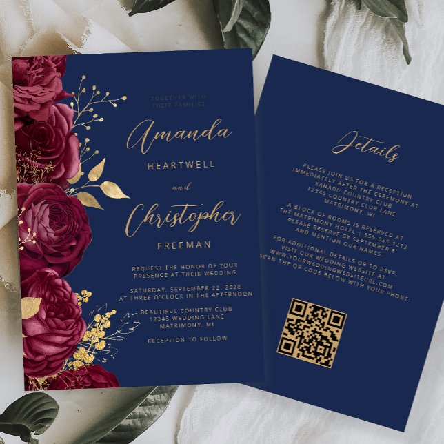 Burgund Gold Floral QR Code Hochzeit Einladung (Von Creator hochgeladen)