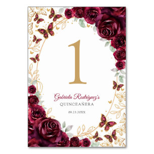 Burgund Gold Floral Quinceanera Tischnummer