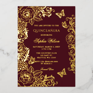 Burgund Gold Floral Schmetterling Quinceañera Folieneinladung