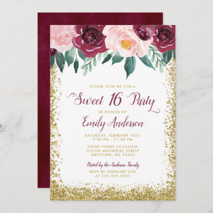 Burgund Gold Floral Sweet 16 Party Einladung