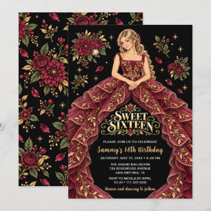 Burgund Gold Floral Sweet Sixteen Geburtstag Einladung