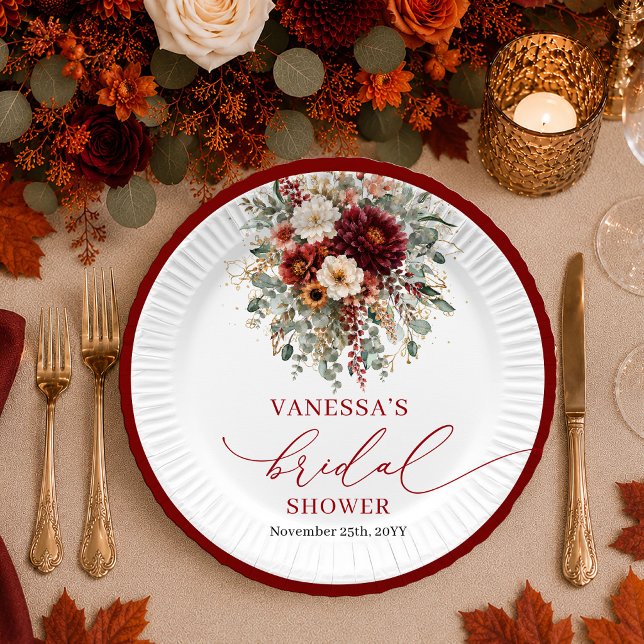 Burgund Gold florale boho Herbst-Brautparty  Pappteller (Burgundy Gold floral boho autumn bridal shower plates

)