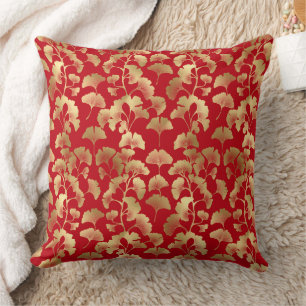 Burgund Gold Ginkgo mit japanischer Eleganz Kissen