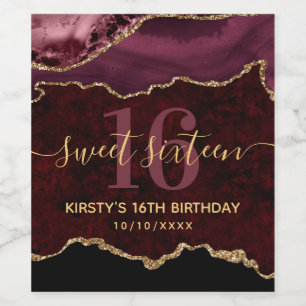 Burgund & Gold Glitter Achat-Marmor Sweet Sixteen Weinetikett