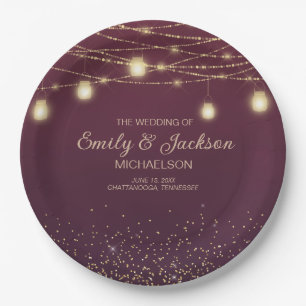 Burgund Gold Glitter Lichterkette Hochzeit Pappteller