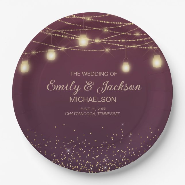 Burgund Gold Glitter Lichterkette Hochzeit  Pappteller (Vorderseite)