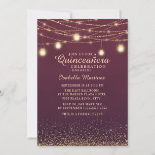 Burgund Gold Glitter Lichterkette Quinceañera Einladung