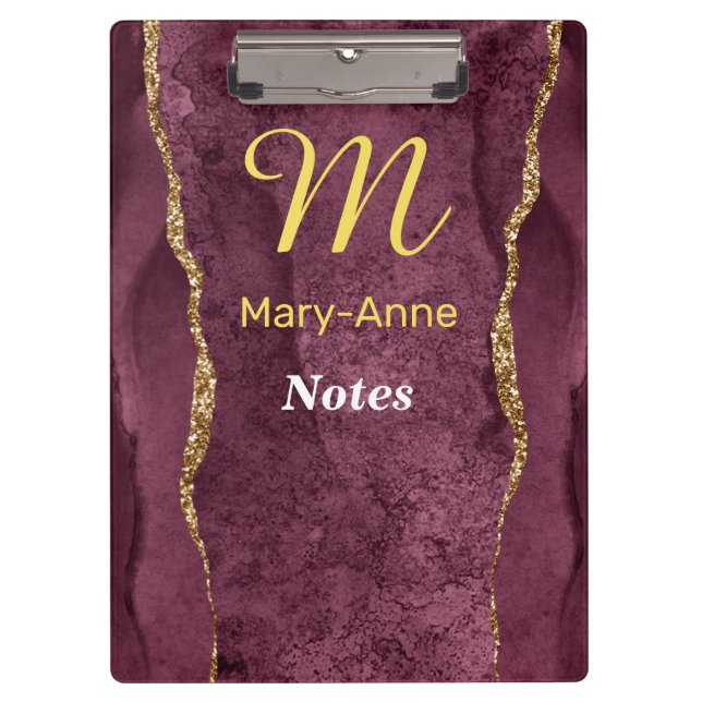 Burgund & Gold Glitzer Agate Klemmbrett (Vorderseite)