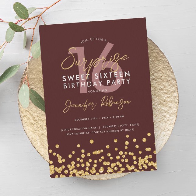Burgund Gold Glitzer Confetti Überraschung Sweet 1 Einladung (Burgundy Gold Glitter Confetti Surprise Sweet 16 Invitation)
