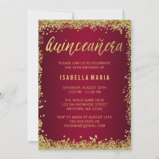 Burgund Gold Glitzer Quinceanera 15. Geburtstag Einladung