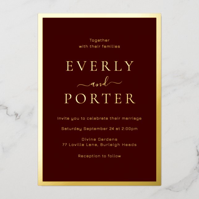 Burgund & Gold Hochzeit Folieneinladung (Vorderseite)