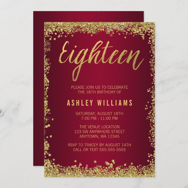 Burgund Gold Imitats Glitzer 18. Geburtstag Einladung (Vorne/Hinten)