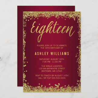 Burgund Gold Imitats Glitzer 18. Geburtstag Einladung