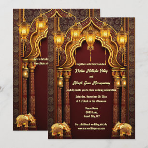 Burgund Gold indische Elefanten Hindi Tempelbogen Einladung