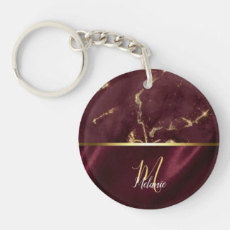 Burgund Gold Marmor & Satin Monogramm  Schlüsselanhänger