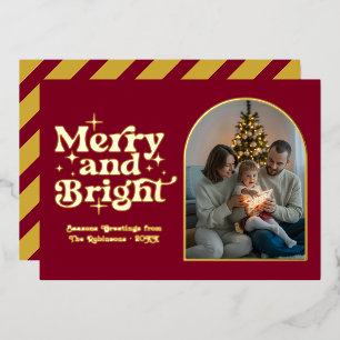 Burgund & Gold Modern Retro Weihnachtsfoto Folien Feiertagskarte