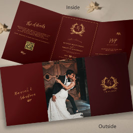 Burgund Gold Monogramm Foto QR | RSVP Hochzeit Dreifach Gefaltete Karte