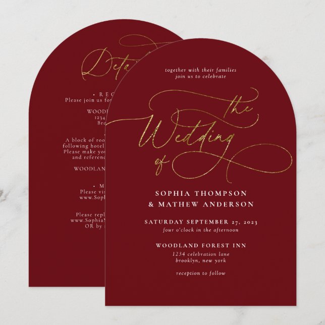 Burgund Gold QR Code All in one Bogen Hochzeit Einladung (Vorne/Hinten)