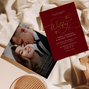 Burgund Gold QR Code Rsvp Alles in einem Hochzeit Einladung