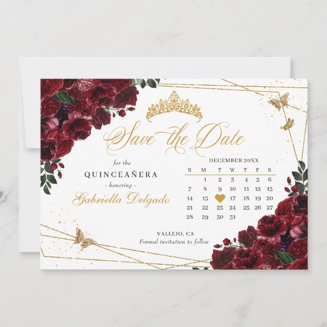 Burgund & Gold Quinceñera Save the Date Einladung (Vorderseite)