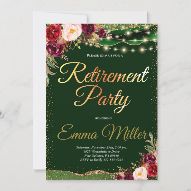 Burgund & Gold Rentirement Celebration Einladung (Vorderseite)