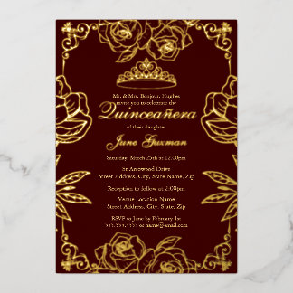 Burgund Gold Rose Garden Quinceanera Folieneinladung