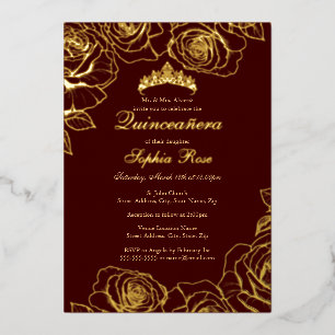 Burgund Gold Rose Garden Quinceanera Folieneinladung