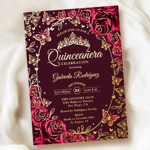 Burgund Gold Schmetterlinge Rosen Quinceanera Folieneinladung