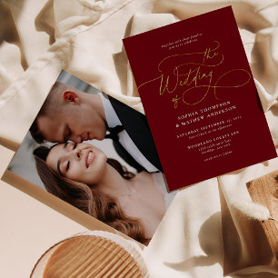 Burgund Gold Schrift Kalligrafie Foto Hochzeit Einladung