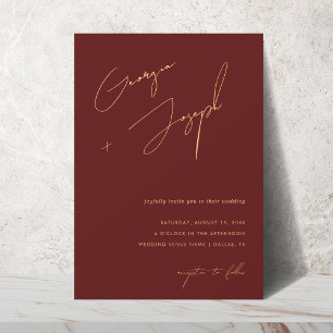 Burgund & Gold Script Foto QR Code Wedding Einladung